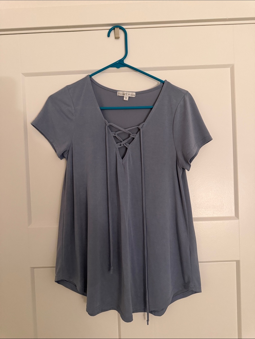 Dusty Blue Lace-Up V-Neck Short Sleeve Top